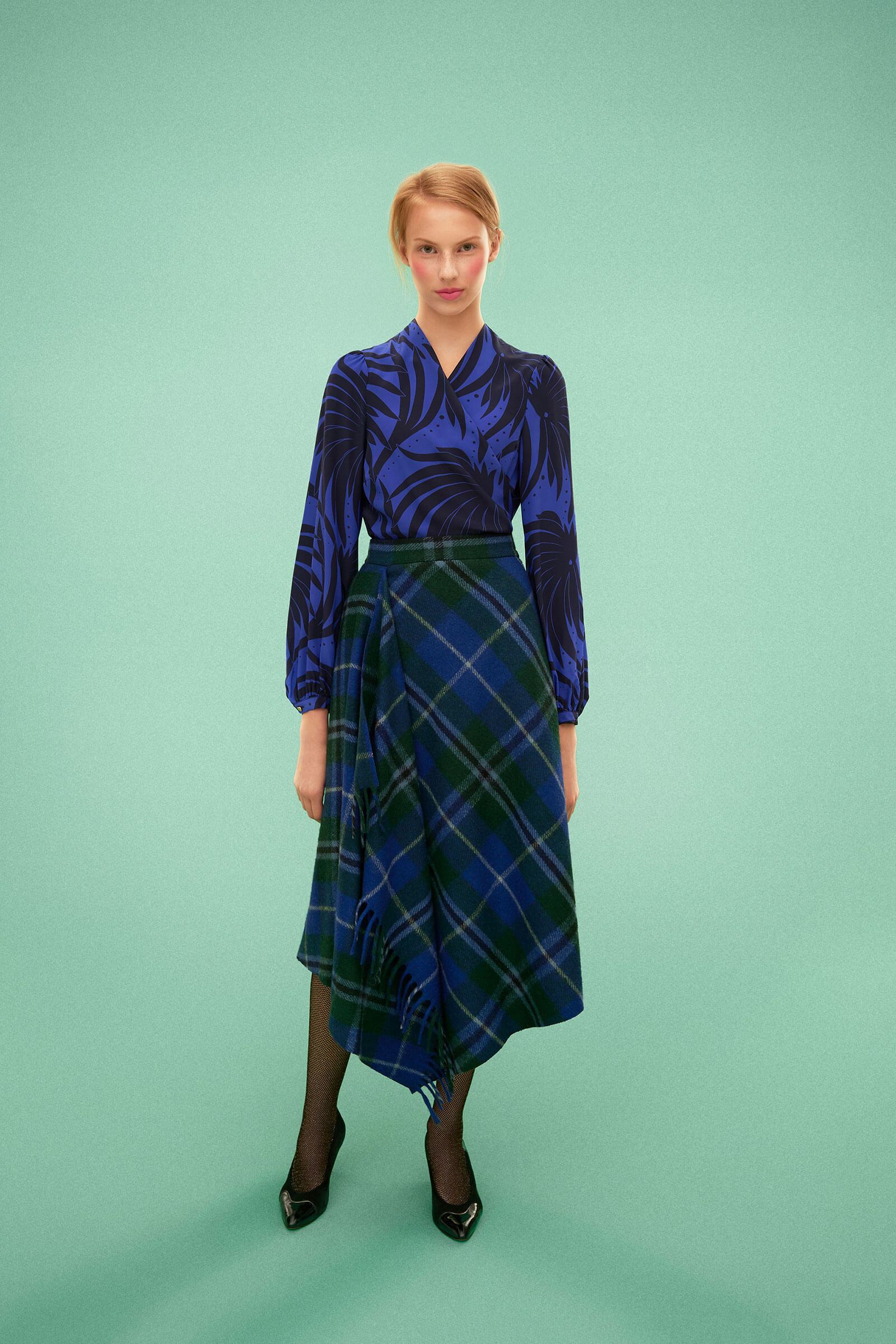 Longing For Sleep by Marit Ilison 2019 Collection 2 Printed Silk Wrap Blouse and Recycled Wool Draped Tartan Skirt Electric Blue Navy Douglas Tartan