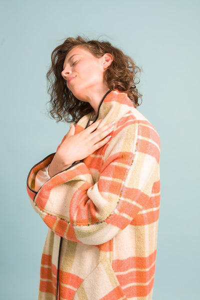 Longing For Sleep Marit Ilison Upcycled Unique Wool Olive Peach Coat #46 Sleeve Crystal Embroidery